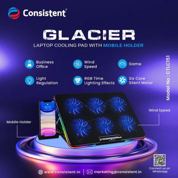 Consistent Laptop Cooling Pad with Mobile Holder Glacier USB Connection, Portable Computer Stand