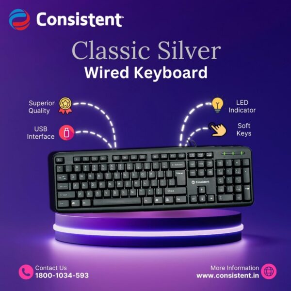 Consistent Classic Silver Wired Keyboard (SK101) USB, Spill-Resistant, Full-Size (Black)