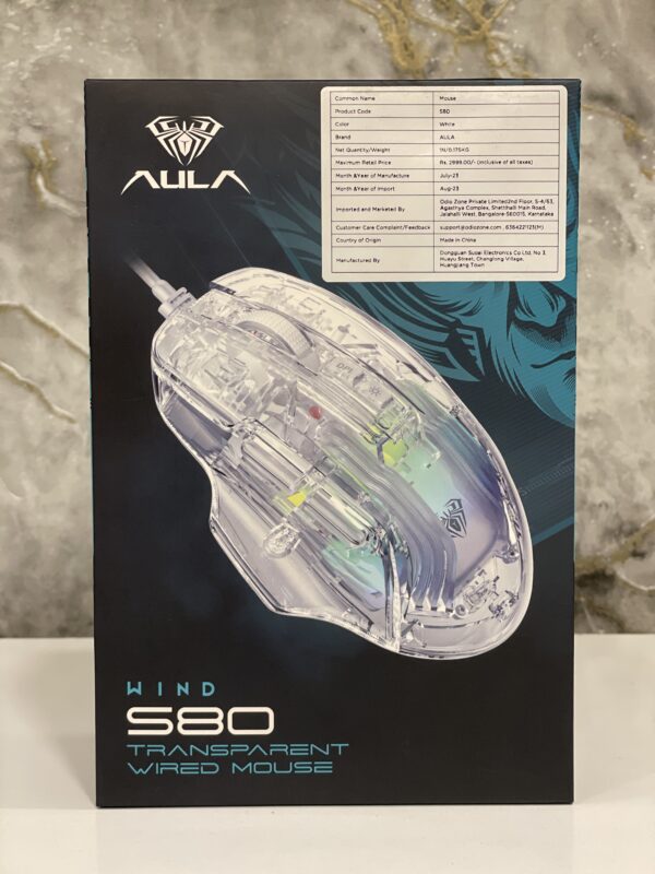 AULA S80 Transparent RGB, 7200 DPI, 7 Buttons PC Wired Optical Gaming Mouse (USB 2.0, Transparent White)