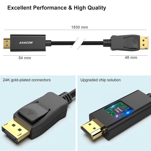 DP(DisplayPort) to HDMI Adapter, Display Port Male to HDMI Male Gold-Plated Cord 6 feet Black Cable