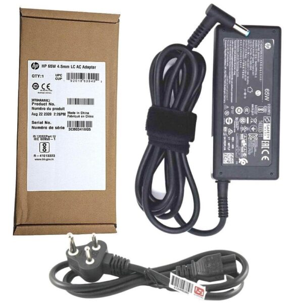 HP Blue Pin Original Laptop Charger 19.5V 3.33A 65W Adapter (Fit with 3 Pin Power Cable)- Black