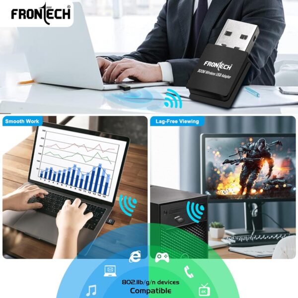 FRONTECH WiFi Dongle 300 Mbps Mini Wireless Network USB Wi-Fi Adapter for PC, Desktop, Laptop | Advanced WPA/WPA2 Security Standards, (0842, Black)