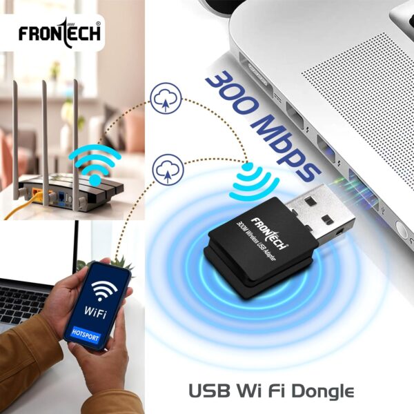 FRONTECH WiFi Dongle 300 Mbps Mini Wireless Network USB Wi-Fi Adapter for PC, Desktop, Laptop | Advanced WPA/WPA2 Security Standards, (0842, Black)