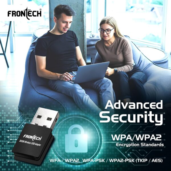 FRONTECH WiFi Dongle 300 Mbps Mini Wireless Network USB Wi-Fi Adapter for PC, Desktop, Laptop | Advanced WPA/WPA2 Security Standards, (0842, Black)