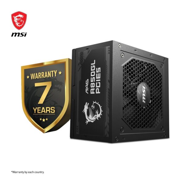 MSI MAG A850GL PCIE5 Power Supply Unit, 850W, 80 Plus Gold, Fully Modular, ATX 3.0, PCIe 5.0 GPU Support, 120mm FDB Fan, Full-Bridge LLC