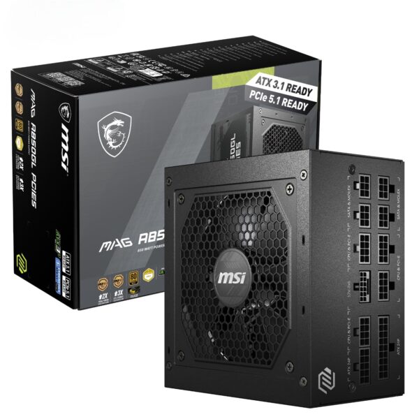 MSI MAG A850GL PCIE5 Power Supply Unit, 850W, 80 Plus Gold, Fully Modular, ATX 3.0, PCIe 5.0 GPU Support, 120mm FDB Fan, Full-Bridge LLC