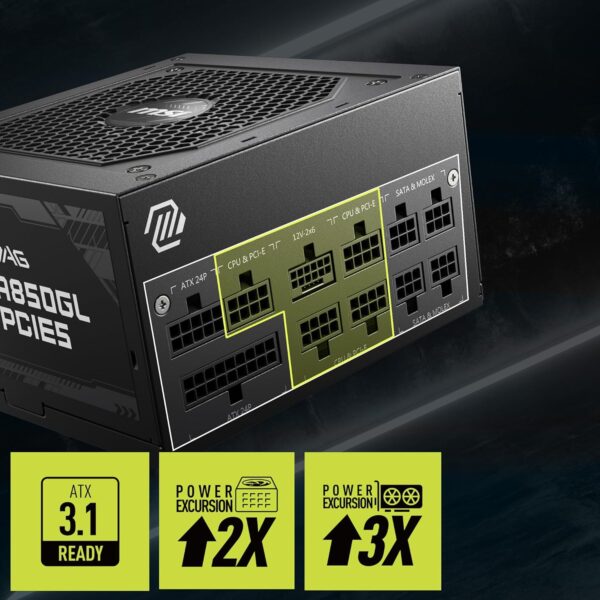 MSI MAG A850GL PCIE5 Power Supply Unit, 850W, 80 Plus Gold, Fully Modular, ATX 3.0, PCIe 5.0 GPU Support, 120mm FDB Fan, Full-Bridge LLC