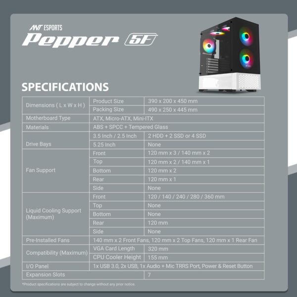 71d3p-MWfmL._SL1500_ Ant Esports Pepper 5F Mid-Tower Dual Color Computer Case/Gaming Cabinet - Black/White | Support ATX, Micro-ATX, Mini-ITX | Pre-Installed 5 ARGB Fans